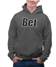 Load image into Gallery viewer, The design is the word Bet, written in black lettering with a white outline. Printed on a classic charcoal hoodie.