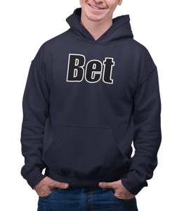 The design is the word Bet, written in black lettering with a white outline. Printed on a classic navy blue hoodie.