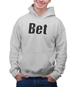 The design is the word Bet, written in black lettering with a white outline. Printed on a classic athletic grey hoodie.