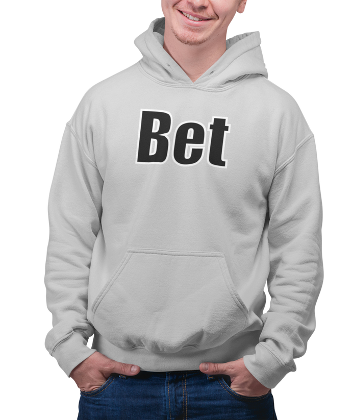 The design is the word Bet, written in black lettering with a white outline. Printed on a classic athletic grey hoodie.