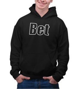 The design is the word Bet, written in black lettering with a white outline. Printed on a classic black hoodie.