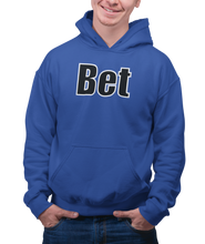 Load image into Gallery viewer, The design is the word Bet, written in black lettering with a white outline. Printed on a classic royal blue hoodie.