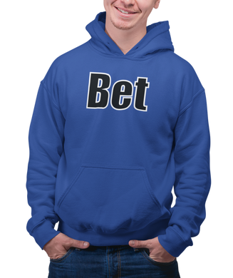 The design is the word Bet, written in black lettering with a white outline. Printed on a classic royal blue hoodie.