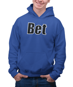 The design is the word Bet, written in black lettering with a white outline. Printed on a classic royal blue hoodie.