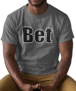 The design is the word Bet, written in black lettering with a white outline. Printed on a simply great coal grey tee.