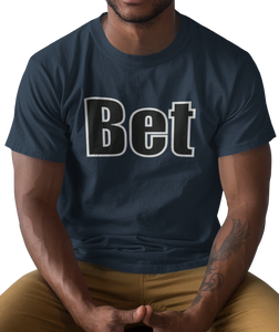 The design is the word Bet, written in black lettering with a white outline. Printed on a simply great true navy tee.