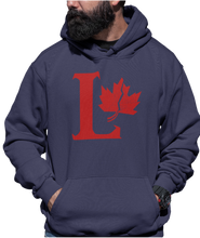 Load image into Gallery viewer, Design is a large red capital L beside a red maple leaf with a fracture. Printed on a classic navy hoodie.