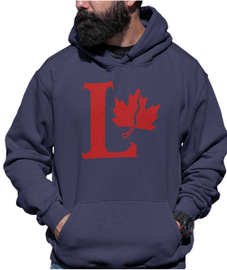 Design is a large red capital L beside a red maple leaf with a fracture. Printed on a classic navy hoodie.