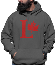 Load image into Gallery viewer, Design is a large red capital L beside a red maple leaf with a fracture. Printed on a classic charcoal heather hoodie.  Edit alt text