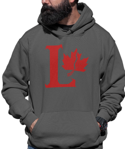 Design is a large red capital L beside a red maple leaf with a fracture. Printed on a classic charcoal heather hoodie.  Edit alt text