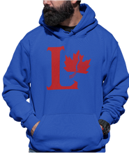 Load image into Gallery viewer, Design is a large red capital L beside a red maple leaf with a fracture. Printed on a classic true royal hoodie.