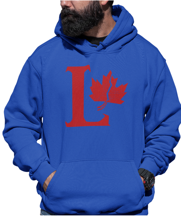 Design is a large red capital L beside a red maple leaf with a fracture. Printed on a classic true royal hoodie.