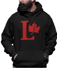 Load image into Gallery viewer, Design is a large red capital L beside a red maple leaf with a fracture. Printed on a classic black hoodie.