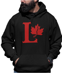 Design is a large red capital L beside a red maple leaf with a fracture. Printed on a classic black hoodie.