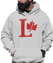 Load image into Gallery viewer, Design is a large red capital L beside a red maple leaf with a fracture. Printed on a classic athletic grey hoodie.