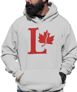 Design is a large red capital L beside a red maple leaf with a fracture. Printed on a classic athletic grey hoodie.