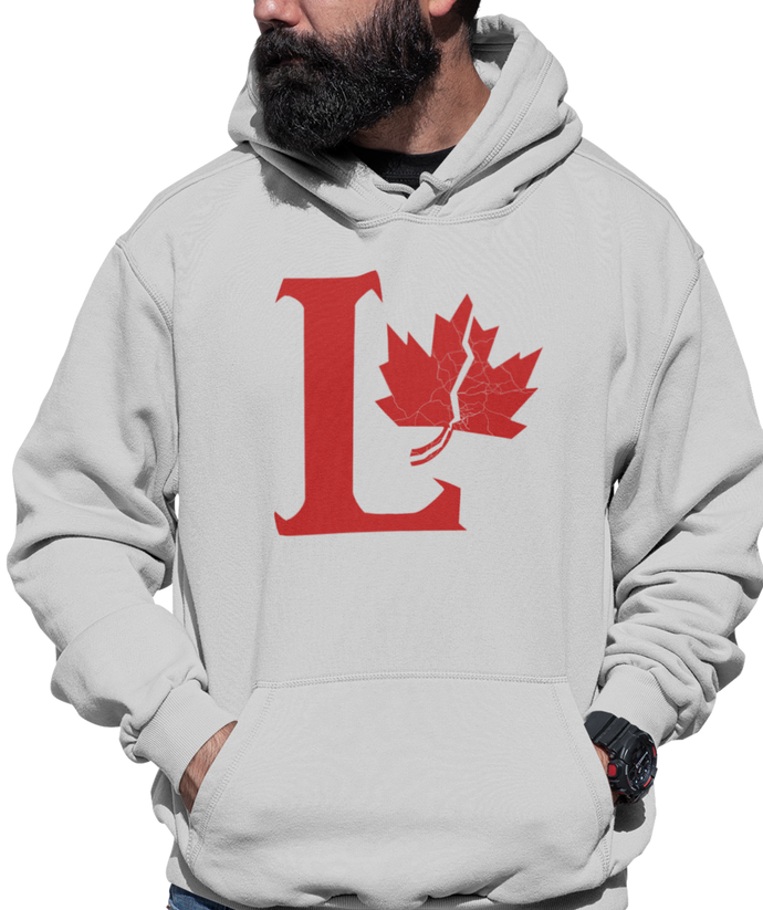 Design is a large red capital L beside a red maple leaf with a fracture. Printed on a classic athletic grey hoodie.