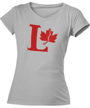 Load image into Gallery viewer, Capital L coloured red with a fractured maple leaf on the right side. Printed on a silver ladies v-neck tee.