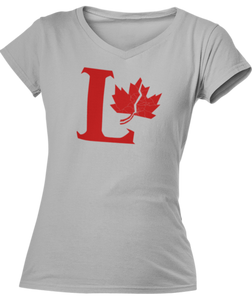 Capital L coloured red with a fractured maple leaf on the right side. Printed on a silver ladies v-neck tee.