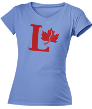 Load image into Gallery viewer, Capital L coloured red with a fractured maple leaf on the right side. Printed on a carolina blue ladies v-neck tee.