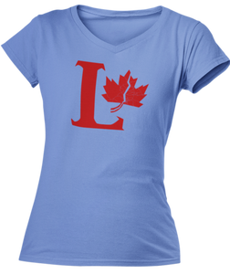 Capital L coloured red with a fractured maple leaf on the right side. Printed on a carolina blue ladies v-neck tee.