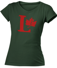 Load image into Gallery viewer, Capital L coloured red with a fractured maple leaf on the right side. Printed on a forest green ladies v-neck tee.