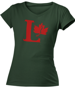 Capital L coloured red with a fractured maple leaf on the right side. Printed on a forest green ladies v-neck tee.