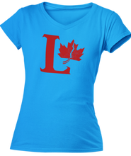 Load image into Gallery viewer, Capital L coloured red with a fractured maple leaf on the right side. Printed on a sapphire ladies v-neck tee.