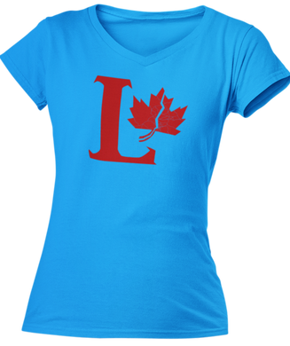 Capital L coloured red with a fractured maple leaf on the right side. Printed on a sapphire ladies v-neck tee.