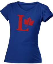 Load image into Gallery viewer, apital L coloured red with a fractured maple leaf on the right side. Printed on a true royal blue ladies v-neck tee.