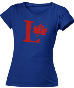 apital L coloured red with a fractured maple leaf on the right side. Printed on a true royal blue ladies v-neck tee.