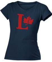 Load image into Gallery viewer, Capital L coloured red with a fractured maple leaf on the right side. Printed on a navy ladies v-neck tee.