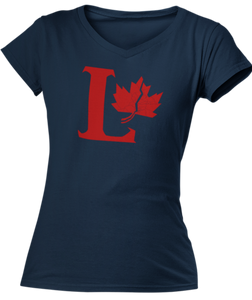 Capital L coloured red with a fractured maple leaf on the right side. Printed on a navy ladies v-neck tee.