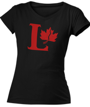 Load image into Gallery viewer, Capital L coloured red with a fractured maple leaf on the right side. Printed on a black ladies v-neck tee.