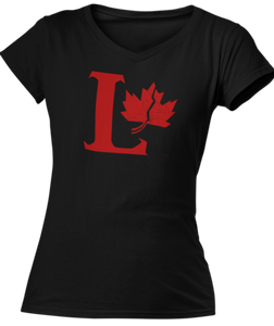 Capital L coloured red with a fractured maple leaf on the right side. Printed on a black ladies v-neck tee.