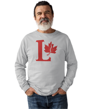 Load image into Gallery viewer, Design is a large red capital L beside a red maple leaf with a fracture. Printed on a great athletic grey long sleeve shirt