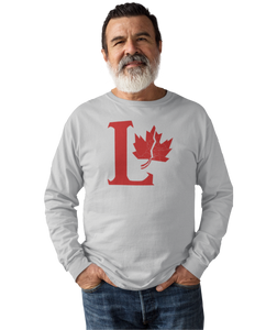 Design is a large red capital L beside a red maple leaf with a fracture. Printed on a great athletic grey long sleeve shirt