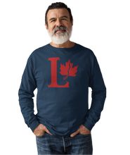 Load image into Gallery viewer, Design is a large red capital L beside a red maple leaf with a fracture. Printed on a great navy long sleeve shirt