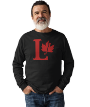 Load image into Gallery viewer, Design is a large red capital L beside a red maple leaf with a fracture. Printed on a great black long sleeve shirt 