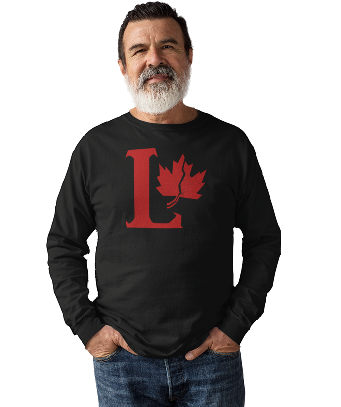 Design is a large red capital L beside a red maple leaf with a fracture. Printed on a great black long sleeve shirt 