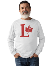 Load image into Gallery viewer, Design is a large red capital L beside a red maple leaf with a fracture. Printed on a great white long sleeve shirt