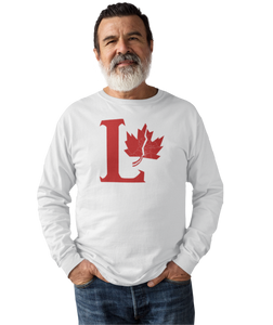 Design is a large red capital L beside a red maple leaf with a fracture. Printed on a great white long sleeve shirt