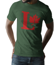 Load image into Gallery viewer, Design is a large red capital L beside a red maple leaf with a fracture. Printed on simply, a great forest green tee.