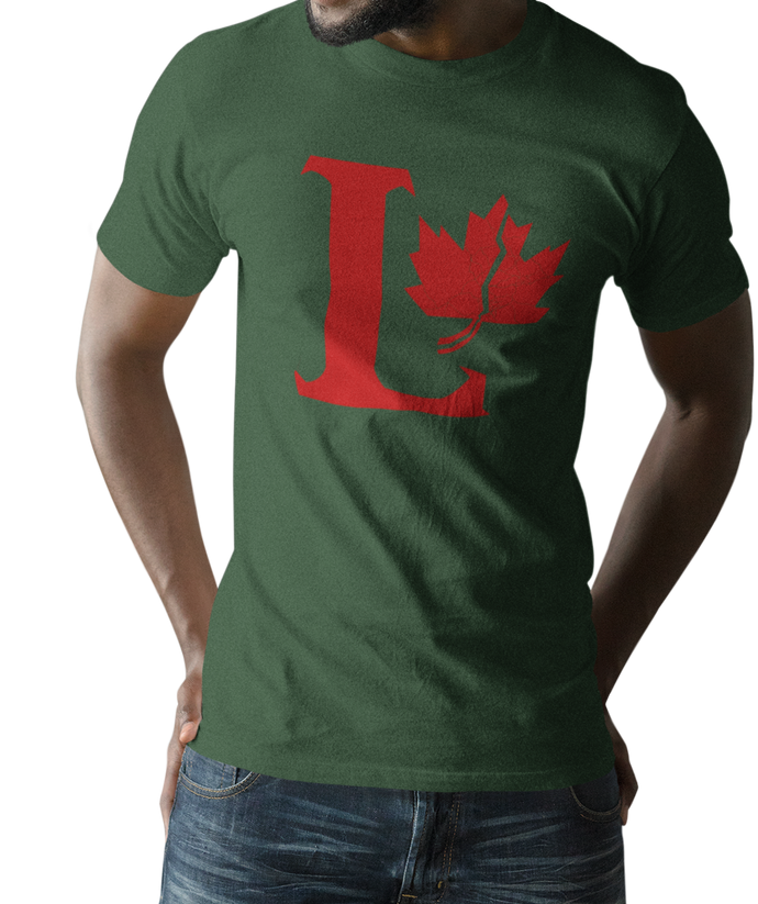 Design is a large red capital L beside a red maple leaf with a fracture. Printed on simply, a great forest green tee.