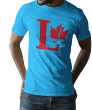 Load image into Gallery viewer, Design is a large red capital L beside a red maple leaf with a fracture. Printed on simply, a great sapphire tee.