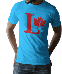 Design is a large red capital L beside a red maple leaf with a fracture. Printed on simply, a great sapphire tee.