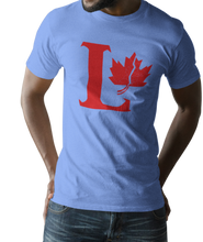 Load image into Gallery viewer, Design is a large red capital L beside a red maple leaf with a fracture. Printed on simply, a great carolina blue tee.