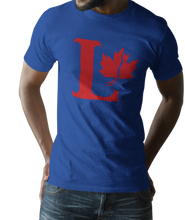 Load image into Gallery viewer, Design is a large red capital L beside a red maple leaf with a fracture. Printed on simply, a great true royal tee.