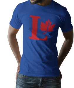 Design is a large red capital L beside a red maple leaf with a fracture. Printed on simply, a great true royal tee.