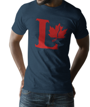 Load image into Gallery viewer, Design is a large red capital L beside a red maple leaf with a fracture. Printed on simply, a great navy tee.